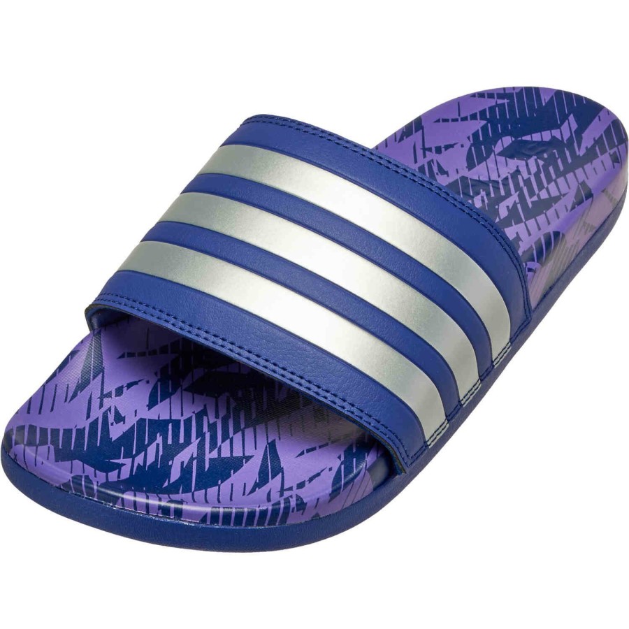 Soccer Shoes * | Adidas Argentina Adilette Comfort Slides Legacy Indigo & Silver Metallic Soccer Shoes