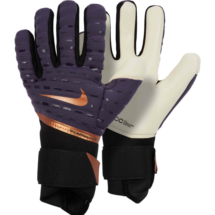 Soccer Equipment * | Nike Phantom Elite Goalkeeper Gloves Dark Raisin & Black With Metallic Copper Soccer Equipment