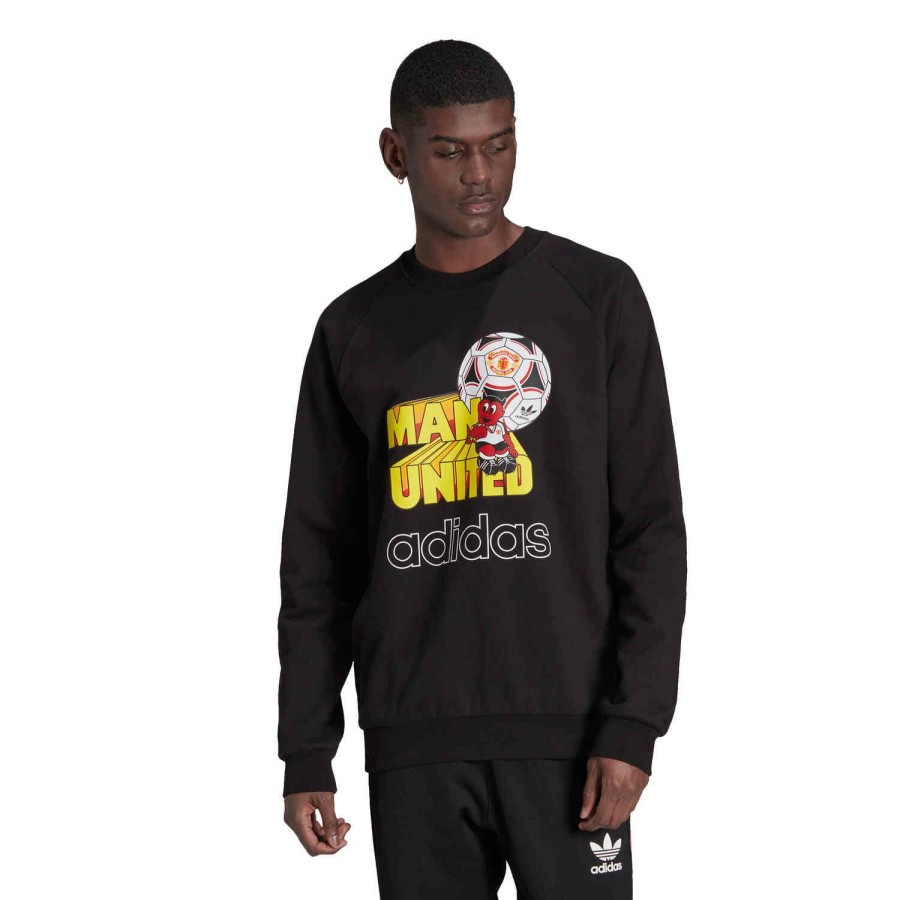 Soccer Apparel * | Adidas Originals Manchester United Retro Graphic Crew Black Jackets & Sweatshirts