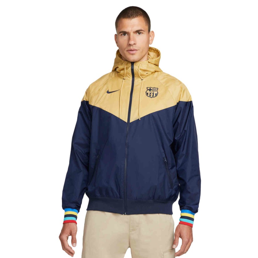 Soccer Apparel * | Nike Barcelona Hooded Windrunner Jacket Club Gold/Obsidian/Sesame Jackets & Sweatshirts