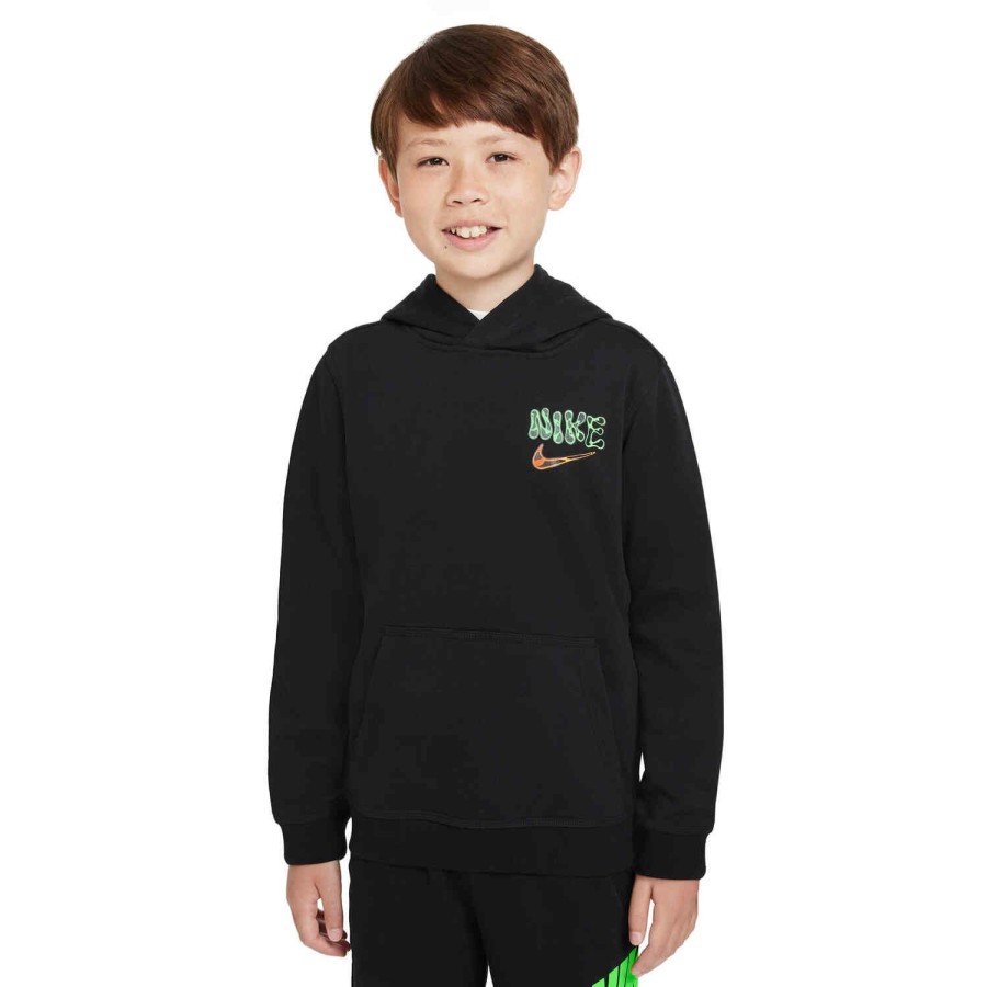 Soccer Apparel * | Kids Nike Graphic Fleece Hoodie Black/White Jackets & Sweatshirts