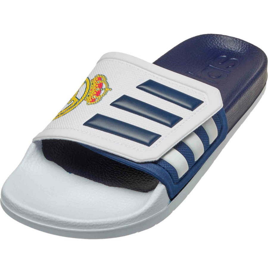 Soccer Shoes * | Adidas Real Madrid Adilette Slides White & Dark Blue Soccer Shoes