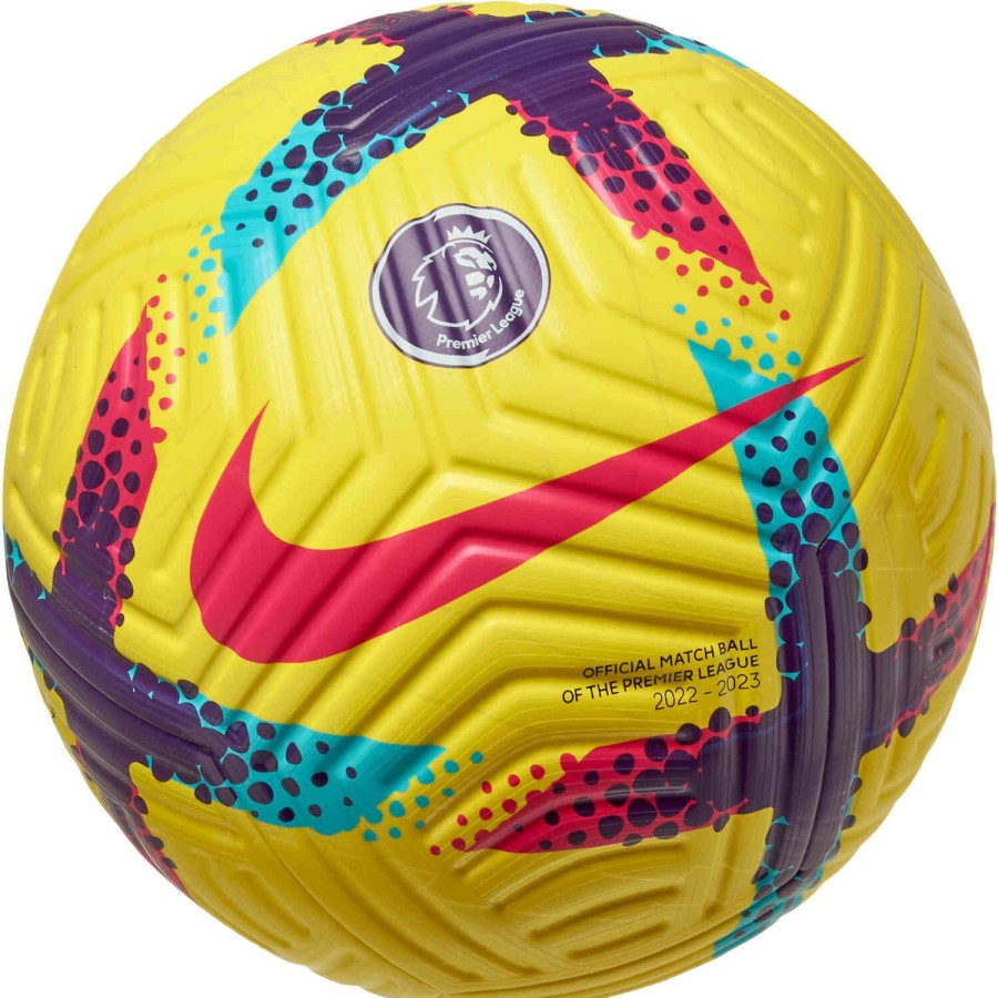 Soccer Equipment * | Nike Premier League Flight Official Match Soccer Ball Hi Vis Yellow & Purple With Red Soccer Equipment