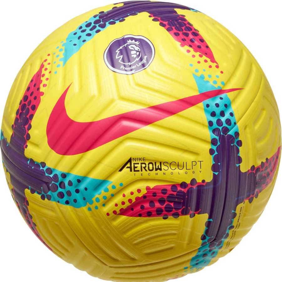 Soccer Equipment * | Nike Premier League Flight Official Match Soccer Ball Hi Vis Yellow & Purple With Red Soccer Equipment