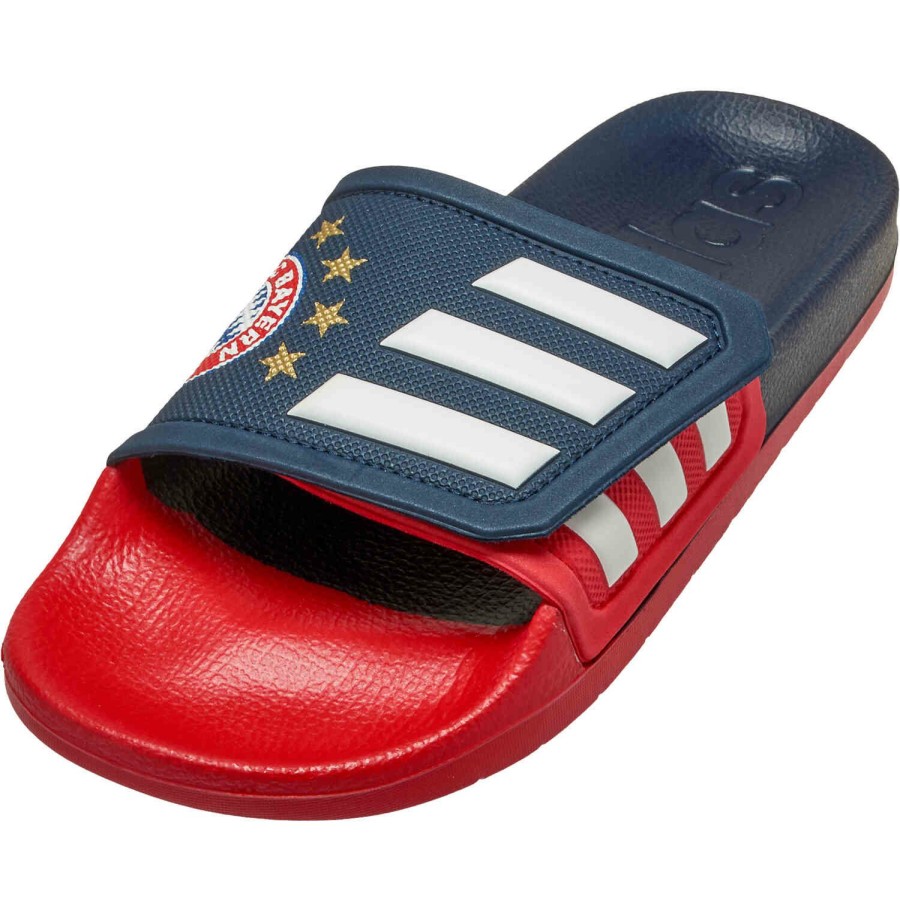 Soccer Shoes * | Adidas Bayern Munich Adilette Slides Navy & White With Scarlet Soccer Shoes